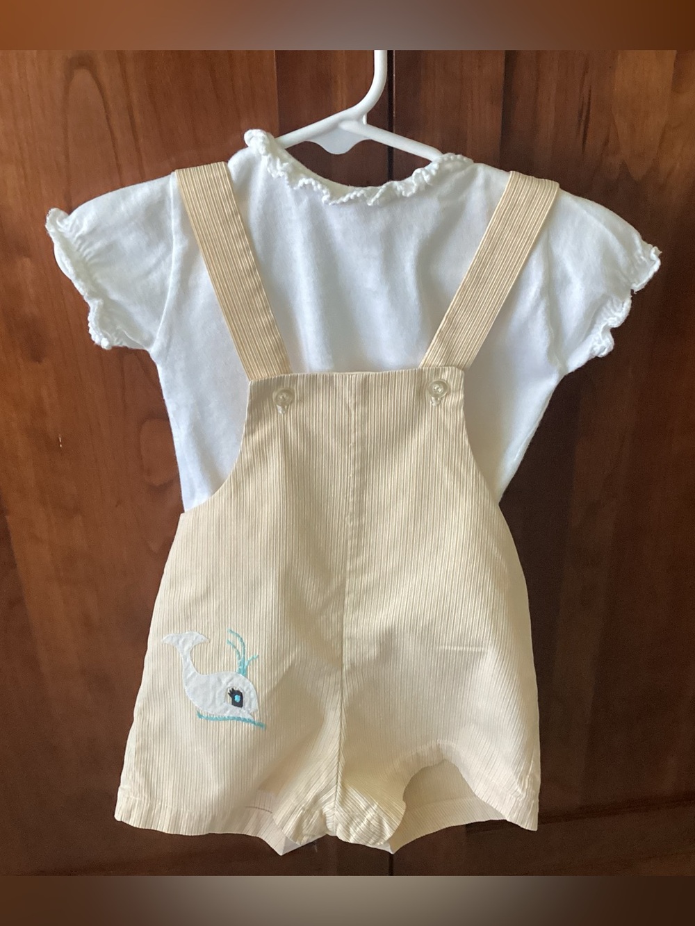 Vtg. 1970 50 year old baby outfit set. Short-all set yellow and white cotton